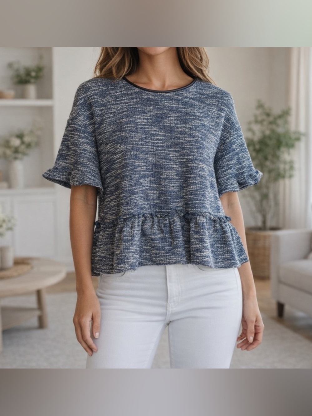 THML Blue Multicolor Short Sleeve Textured Top Size Large